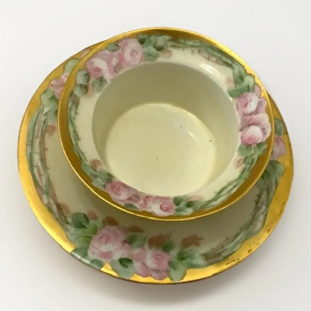 Antique Ramekin and Saucer Weimar Regency Side Dish Hand Painted Gold Rose VTG